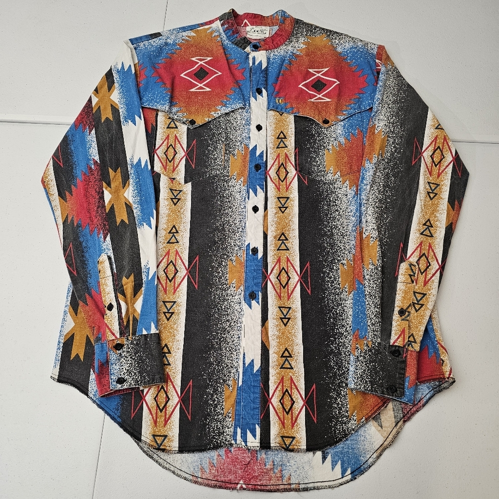 The Look Men's Large Tall Button-Up Shirt Retro 80s 90s Western Abstract Aztec